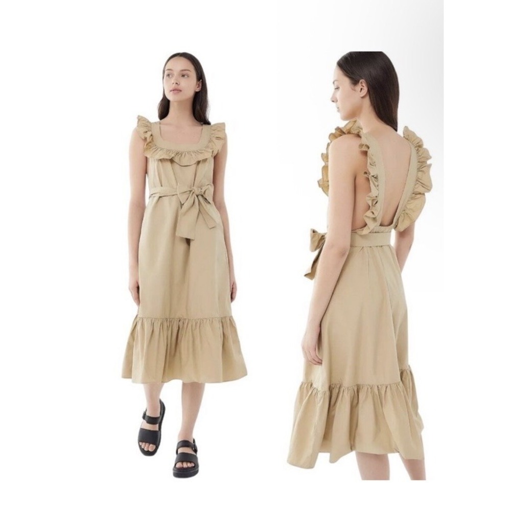 Urban Outfitters UO Ruffle Poplin Midi Dress Tan Beige Open Back Size Medium